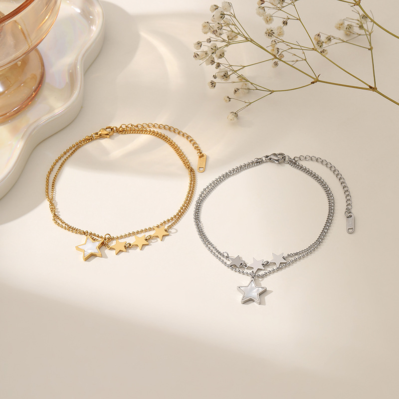 Fashion Ins Personalized Double-layer Stacked Wear Chain Titanium Steel Anklet Summer Simple Joker Five-pointed Star Anklet Ornaments Wholesale Foreign Trade