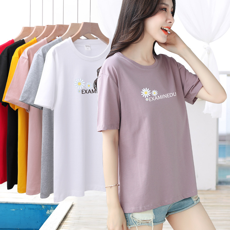 Cotton Light Purple Short-sleeved T-shirt Women's Summer Loose Mid-sleeved T-shirt Sweet Cute Student ins T-shirt
