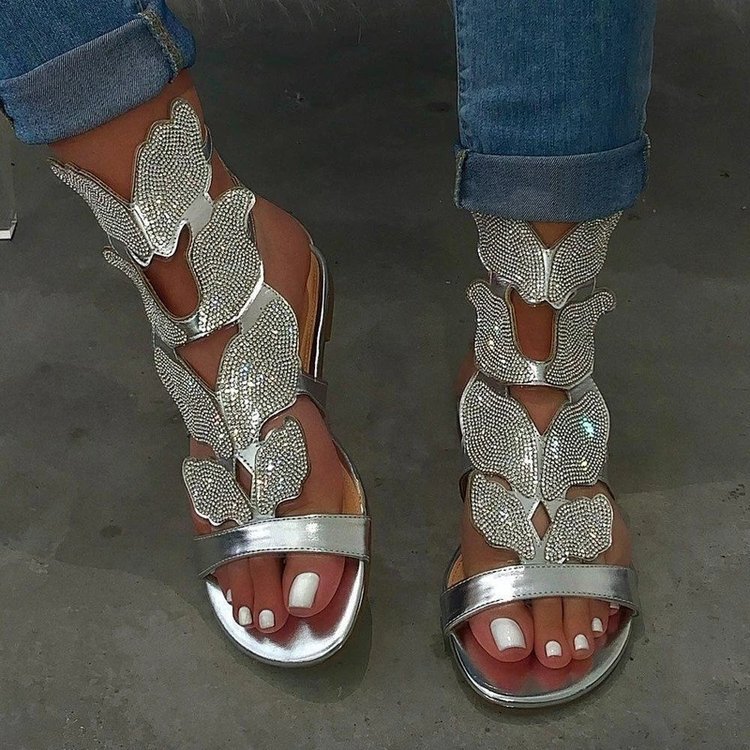 Cross-Border Plus-Size Amazon Wish Rhinestone Roman Sandals, Flat Comfortable Women's Shoes, Flat Heel Hollow-Out Butterfly Strap
