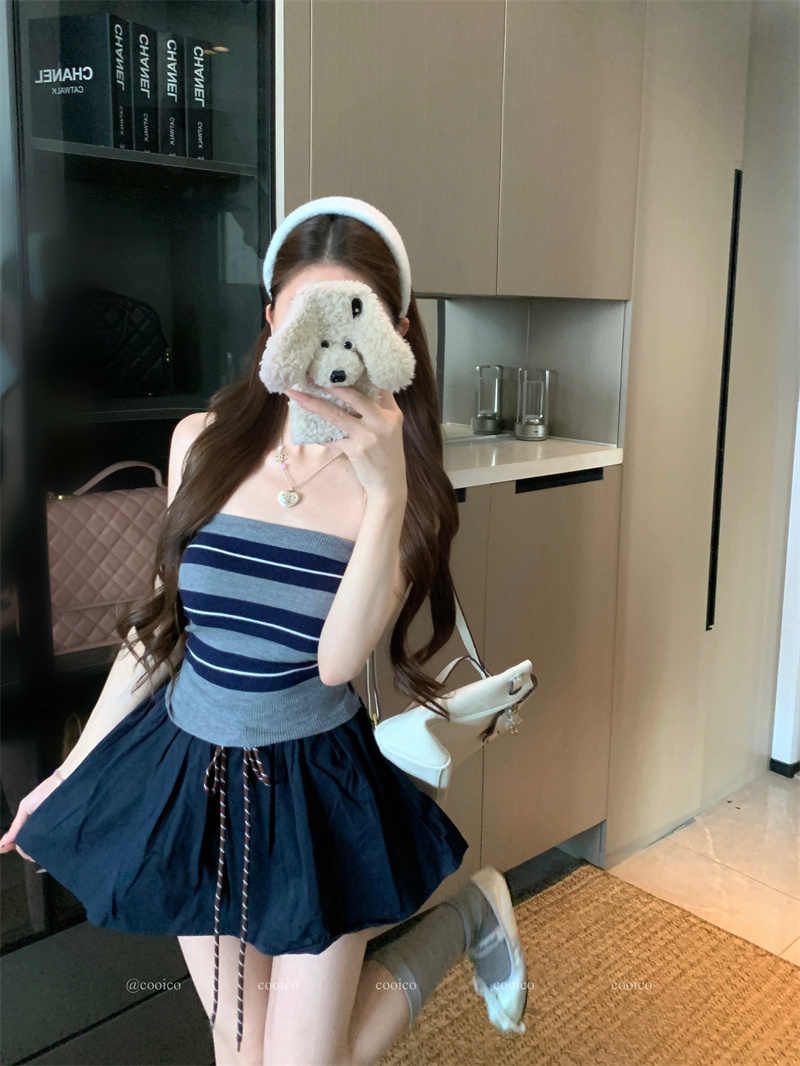 French-Style Color-Block Striped Knit Tube Top for Women, Summer Outerwear, Spicy Girl Style, Slim-Fit, Short Base Layer Top