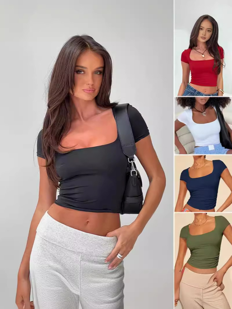 2024 Amazon ebay new hot selling women's clothing European and American slim solid color short sleeve summer square collar casual T-shirt for women