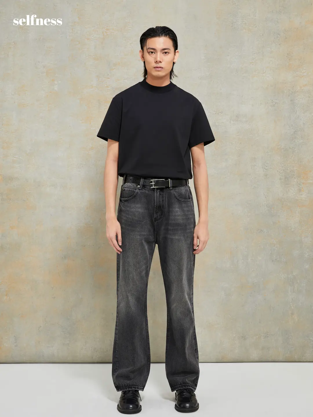 Selfness Cone Black Denim Basic Black Washed Distressed Men's Straight-leg Denim pants