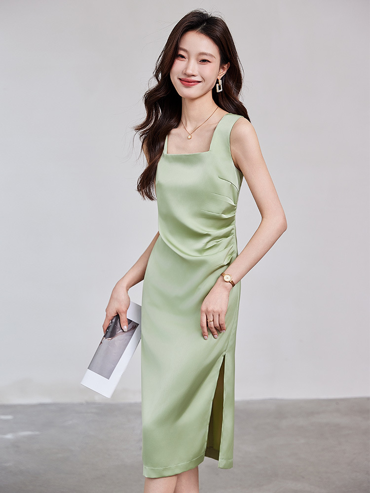2025 spring new four-color! Elegant square collar split green satin sleeveless dress, elegant commuting style