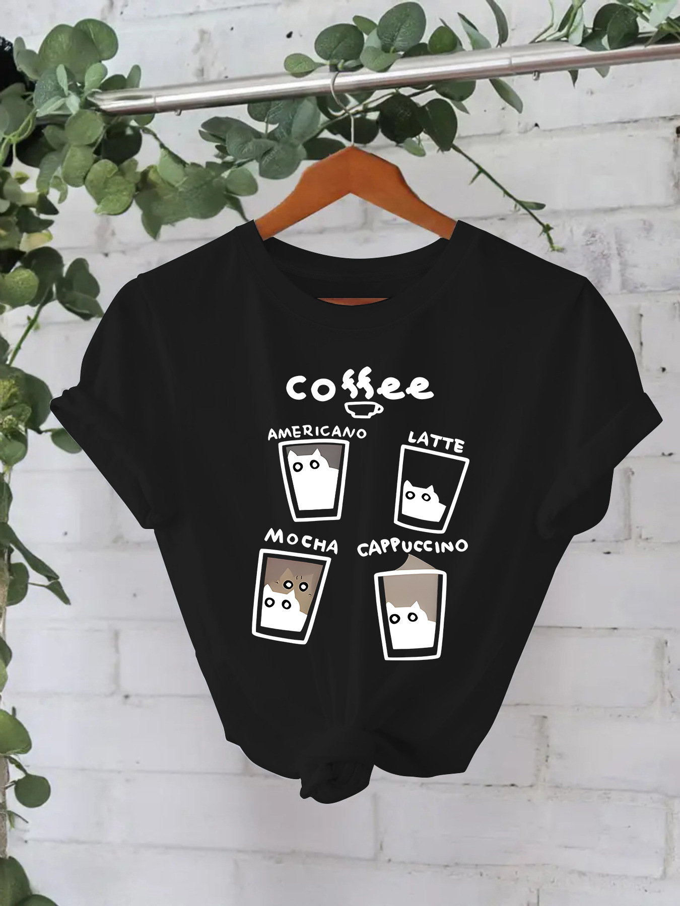 Independent Station European and American T-Shirt Short-Sleeved Women's Coffee Cup Cat Print Round Neck Short-Sleeved Large Size T-Shirt Cross-Border Export