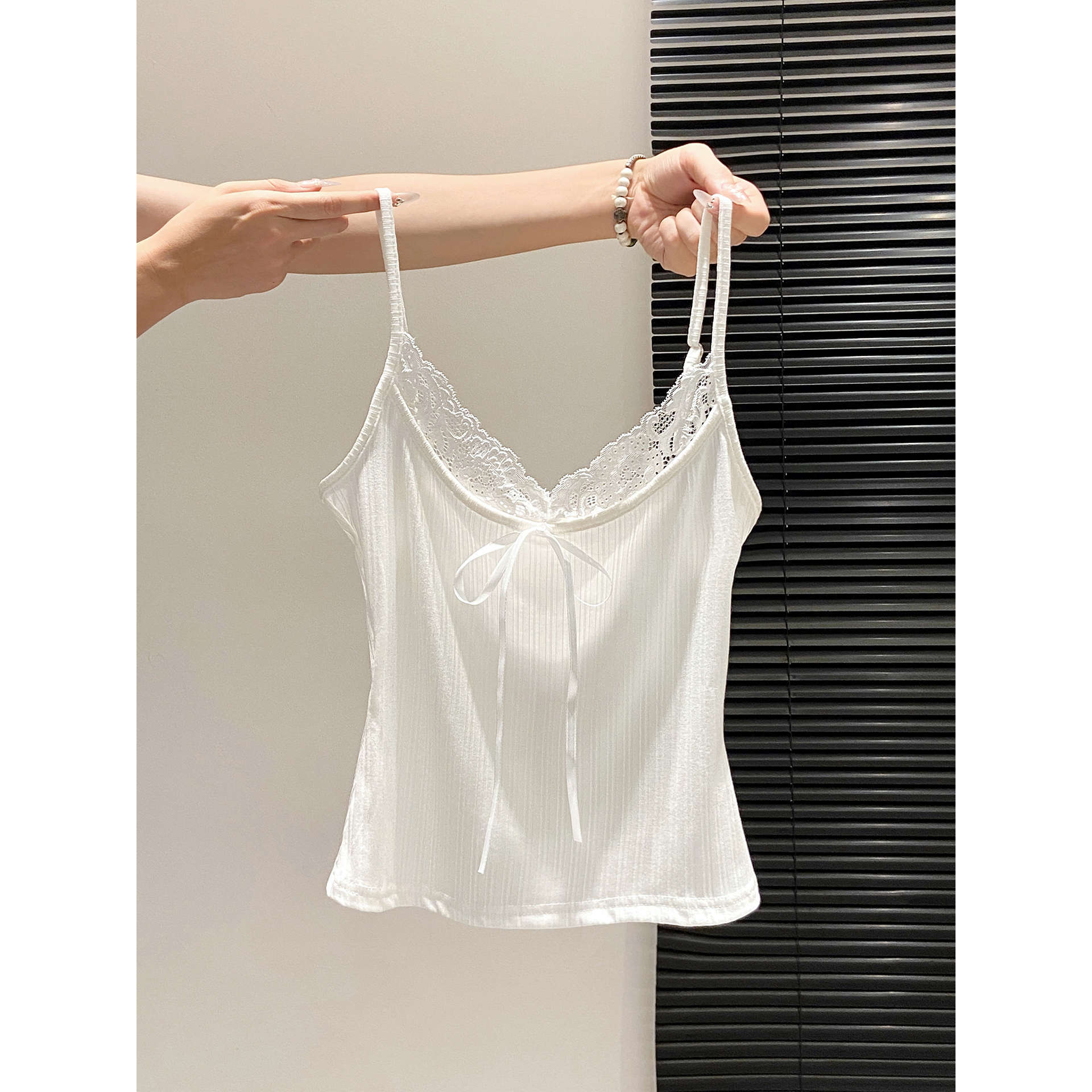 Bow-Tie Lace-Up Camisole for Women, Lace-Trimmed Base Top, Summer Slim-Fit Sweet Design, Inner Wear with Straps