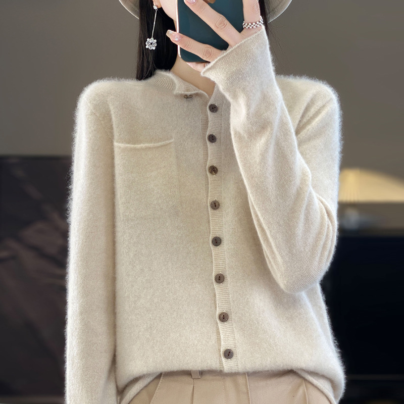 One-Line Ready-To-Wear Wool Cardigan for Women with Rolled Edges, Round Neck and Pockets, Long-Sleeved Outwear, Sweater, Loose Cashmere Knitted Outerwear