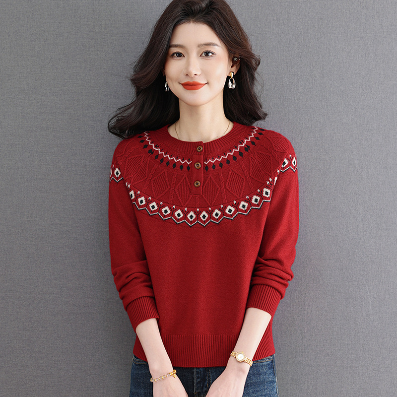 2026 Spring and Autumn New Fair Isle Style Youthful Soft Knitted Top Thick Jacquard Round Neck Sweater for Women