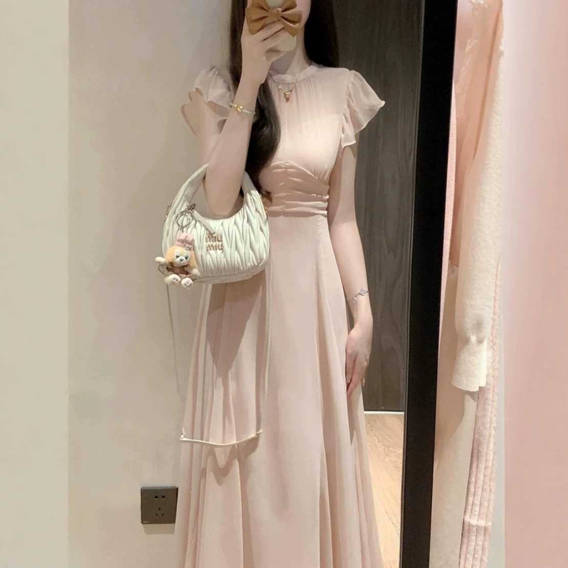 Japanese-Style Ruffled Dress for Women, Summer French Elegance, Gentle Temperament, Waist-Cinching, Slimming Long Dress for Petite Figures