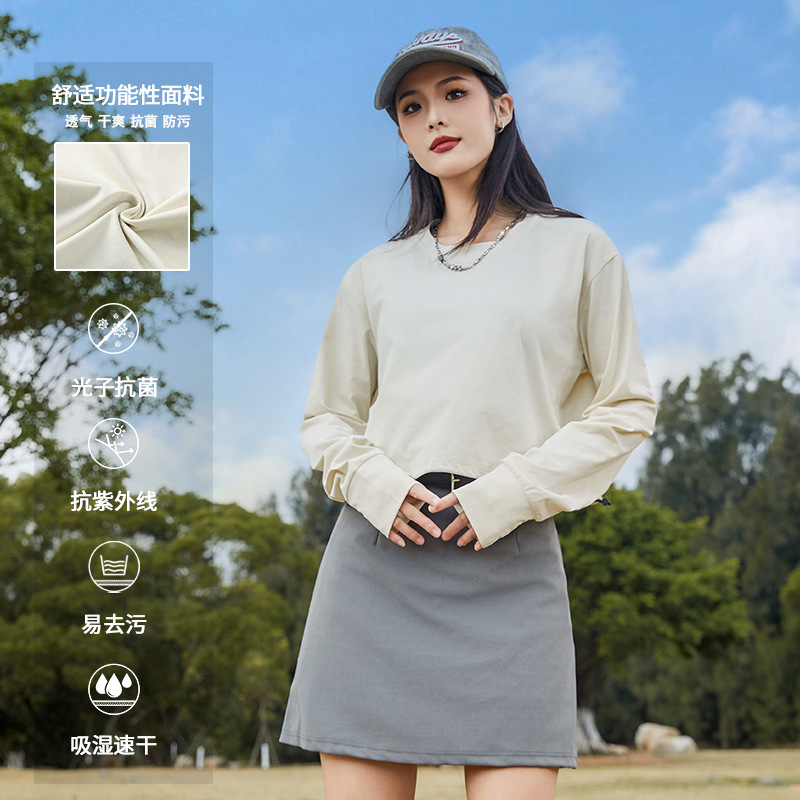 Women's Long-sleeved Short T-shirt Shoulder Sunscreen Navel Sweatshirt Spring and Summer Solid Color Casual Outdoor Sports Top