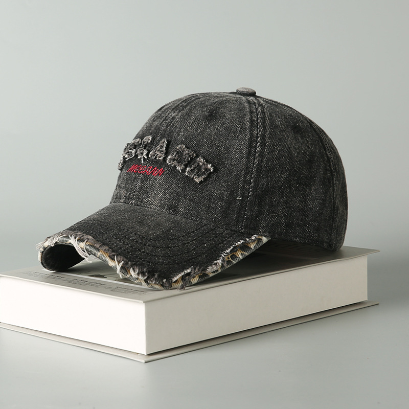 Distressed Denim Baseball Cap with Three-Dimensional Letter Embroidery, Brim with Raw Edge Design, Casual and Trendy Unisex Sun Hat