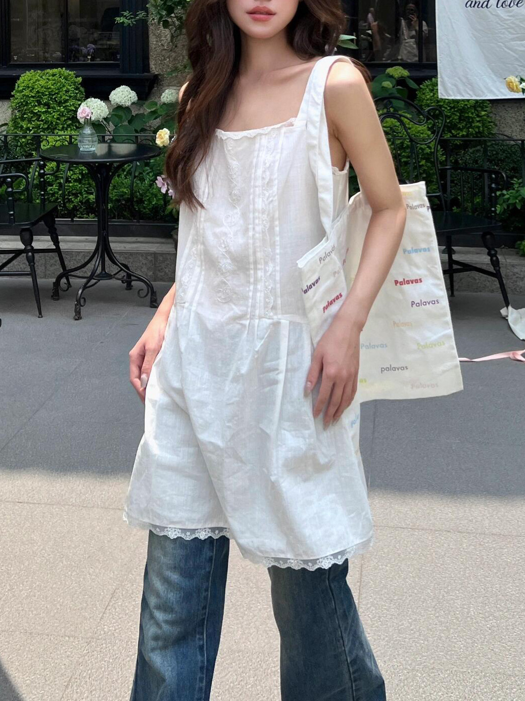 26 Spring/Summer New Cloud Roaming Top with Spaghetti Straps, Lace Patchwork, Slit Skirt, Vacation Style, Same Style as Bai Lu's Tank Dress