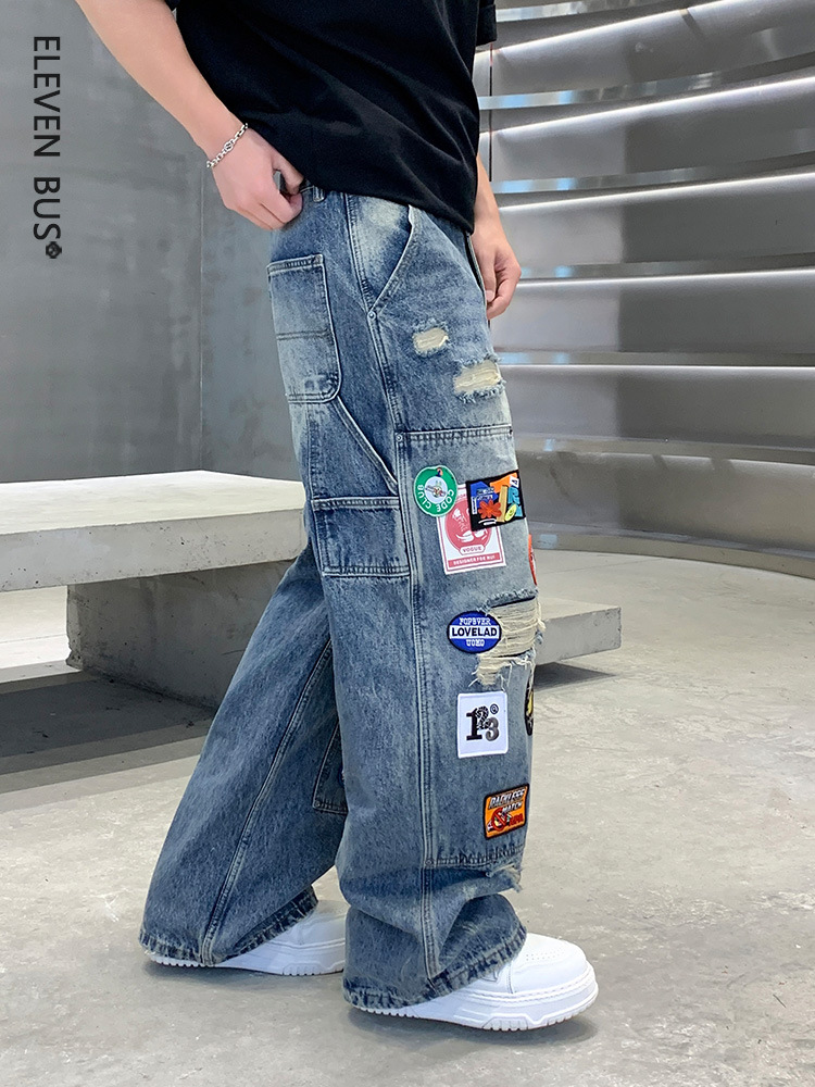 American High Street Style Patchwork Ripped Jeans with Unique Design, Loose Fit, Versatile, Cool and Casual Men's Straight-Leg Jeans