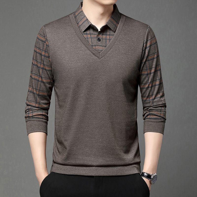 Men's Fake Two-Piece Long-Sleeved T-Shirt Spring & Fall New Business Casual Men's Middle-Aged Classy Shirt Collar Plaid Top