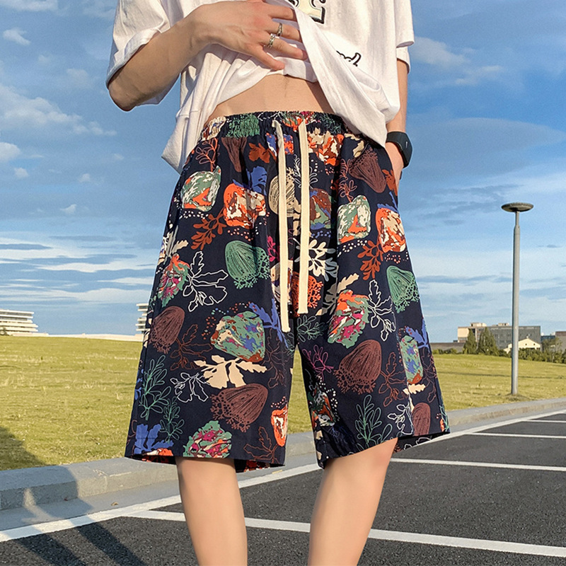 Summer Beach Pants Men's Trendy Brand Flower Shorts Quick-drying Ice Silk National Trendy Retro Loose Large Pants Casual Shorts