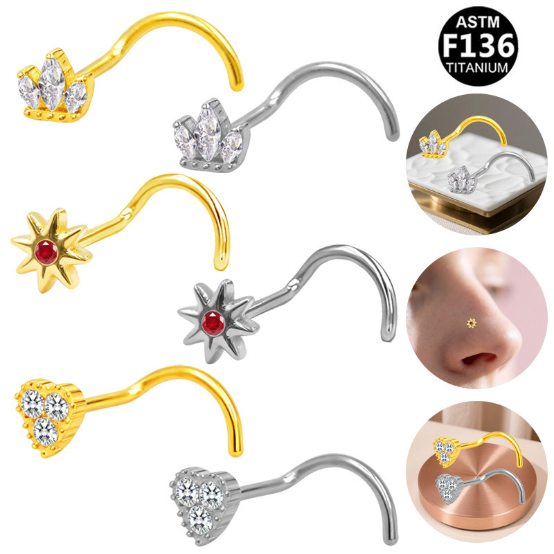 Gabe European and American Cross-Border G23 Titanium Alloy Piercing Jewelry Fashion Trend S-Shaped Heart-Shaped Nose Stud for Foreign Trade Cross-Border Use