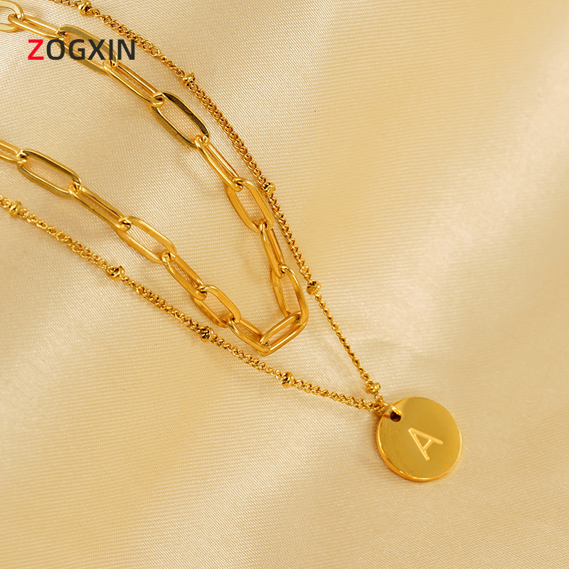 Cross-border European and American Stainless Steel 26 Letter Double Layer Necklace Women Fashion Rice Ball Chain Pclip Chain Letter Pendant Wholesale