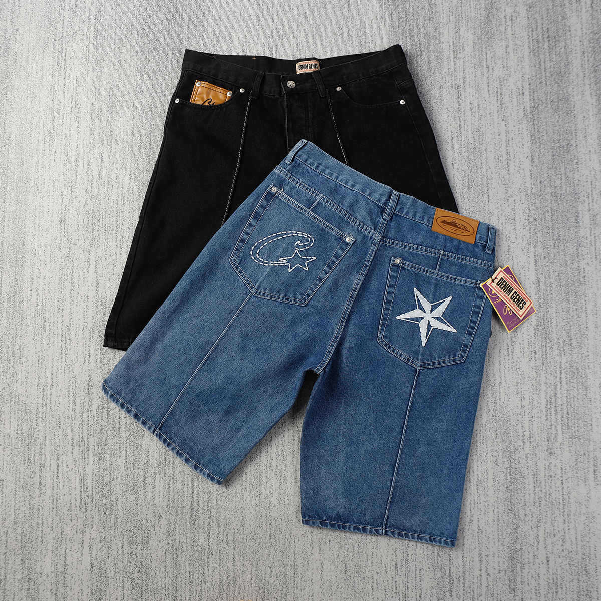 Corteiz Alcatraz Island Embroidered Five-pointed Star Denim Shorts Short Summer High Street Loose Casual Pants Trendy