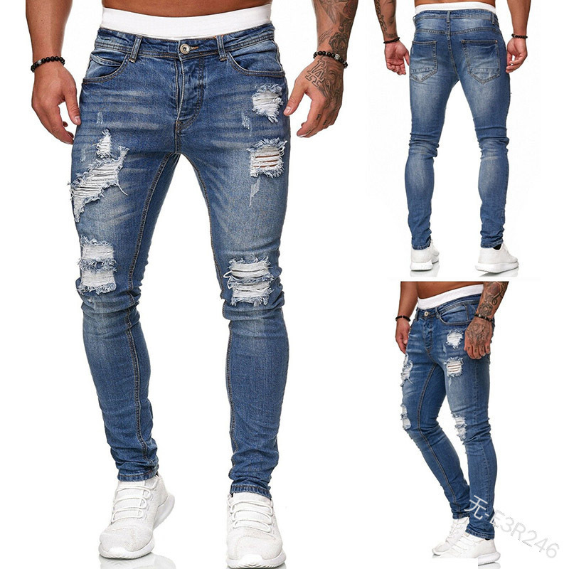 Foreign Trade New Street Men's Jeans Ripped Stretch Pants Fashionable Urban Tight Mid-Waist Casual Pants for Men