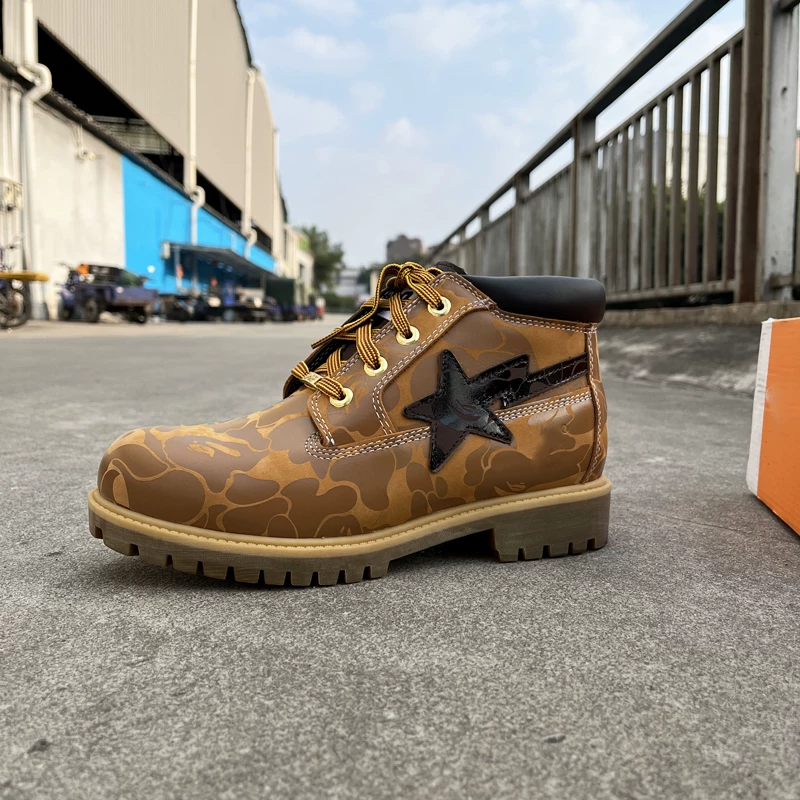 Martin Boots for Men, Large Yellow Boots, Fashionable Casual Camouflage Mid-Top Men's Shoes, Indestructible Co-Branded Trendy Work Boots for Men