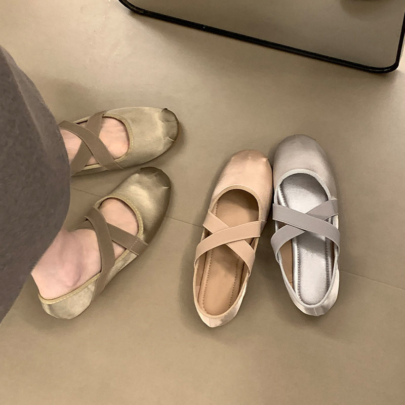 French-Style Ballet Flat Shoes for Women 2026 New Satin Cross-Strap Shallow Single Shoes Gentle Style to Match Skirts Mary Jane
