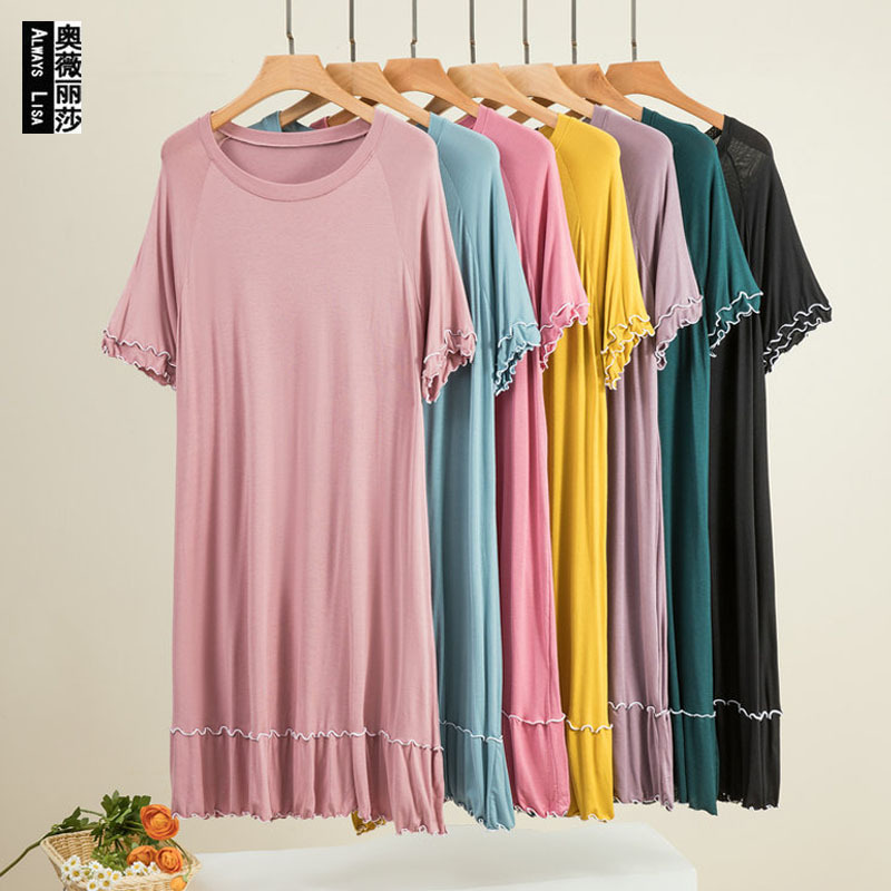 2023 New Modal Dress Women's Summer Loose Lace Casual All-match Round Neck Korean Style Short Sleeve Long Dress
