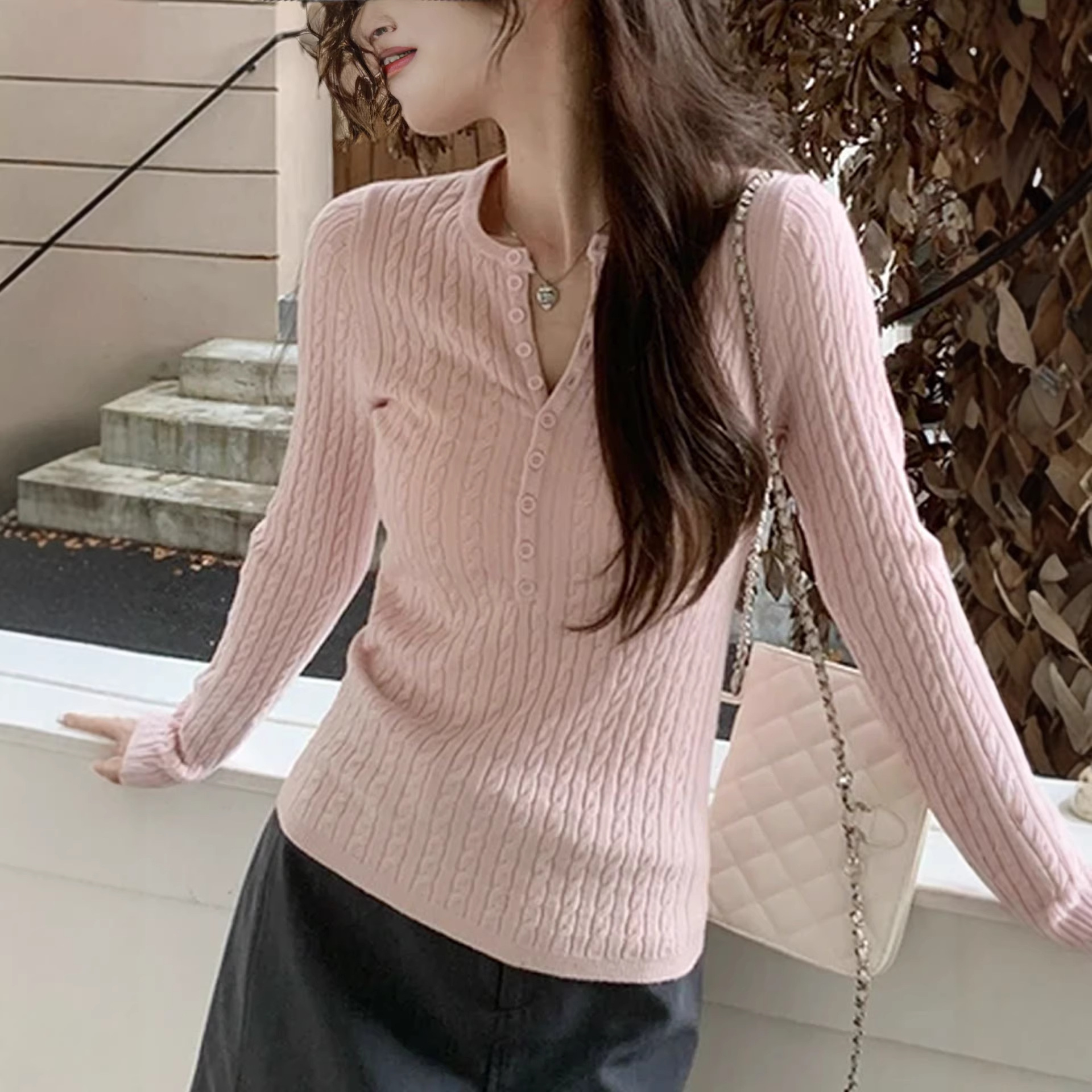 Long-Sleeve Cable Knit Top with Soft Semi-Open V-Neck, Slim-Fit Korean-Style Pink Spring and Autumn Base Layer Women's Sweater