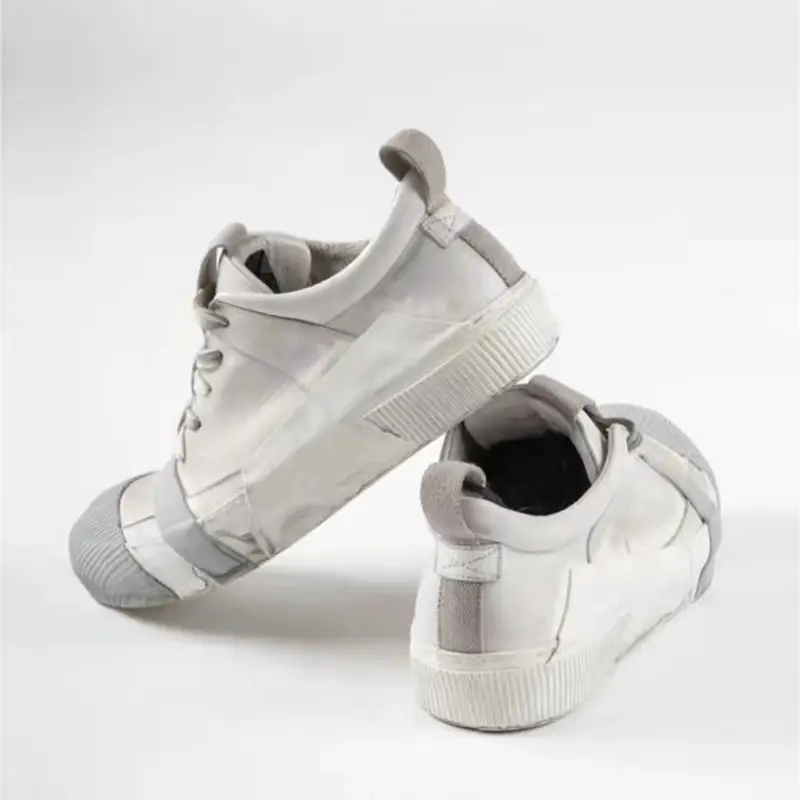 Niche Design Genuine Leather Handmade Retro Distressed Round Toe Lace-Up White Shoes Casual Sneakers Low-Top Men's Shoes Trendy Shoes