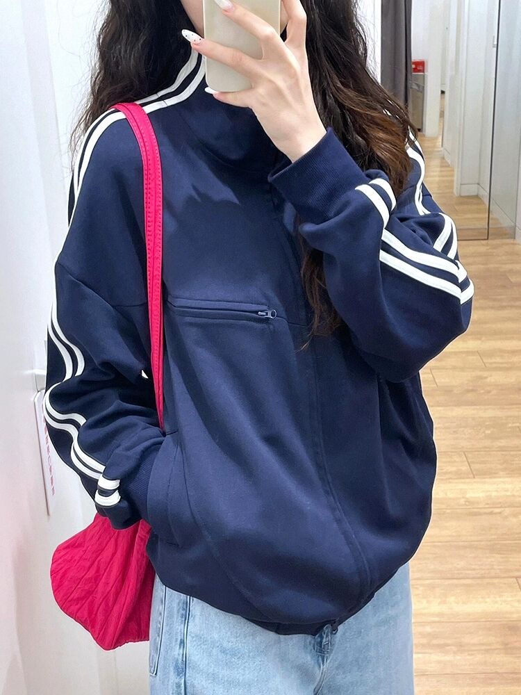 American Style Retro Neutral Style Baseball Suit Sweatshirt Coat Women's Spring and Autumn Loose Lazy Style Vertical Collar Jacket Women's Top