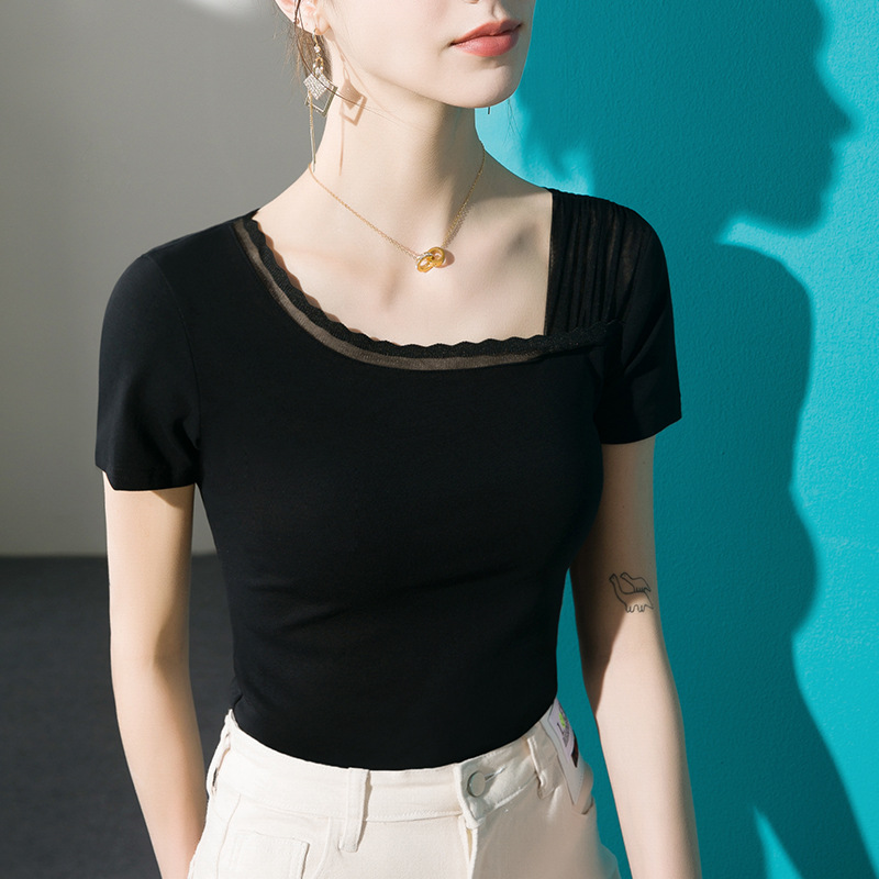 Niche oblique square collar short sleeve T-shirt women's lace stitching 2023 spring and summer new black summer chic temperament top