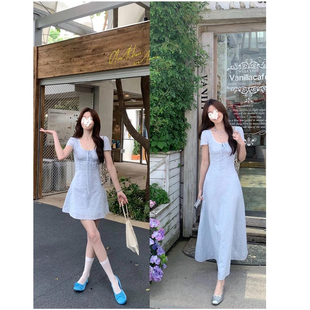 Lightning Warehouse Soft Blue Korean Style High-End French Lace Patchwork Faux Two-Piece Elegant Waist-Cinching Mid-Length Dress