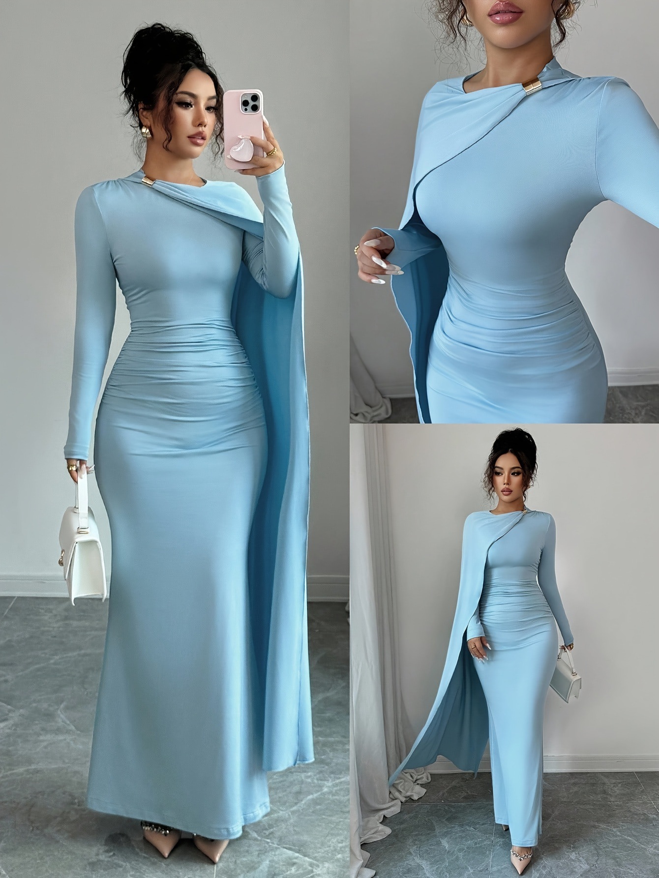 Women's New Autumn and Winter Elegant Sky Blue Versatile Waist-Cinching Pleated Knit Long-Sleeve Long Party Dress