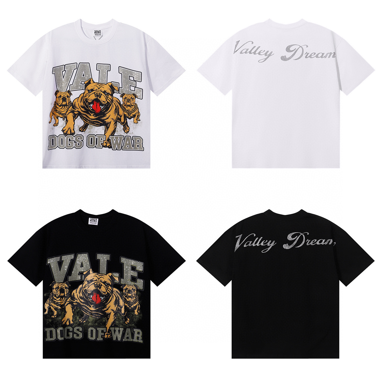 American Fashion Vale Valley Dog of War Bing Hot Diamond High-Quality Double Yarn Heavy Casual Short-Sleeved T-Shirt