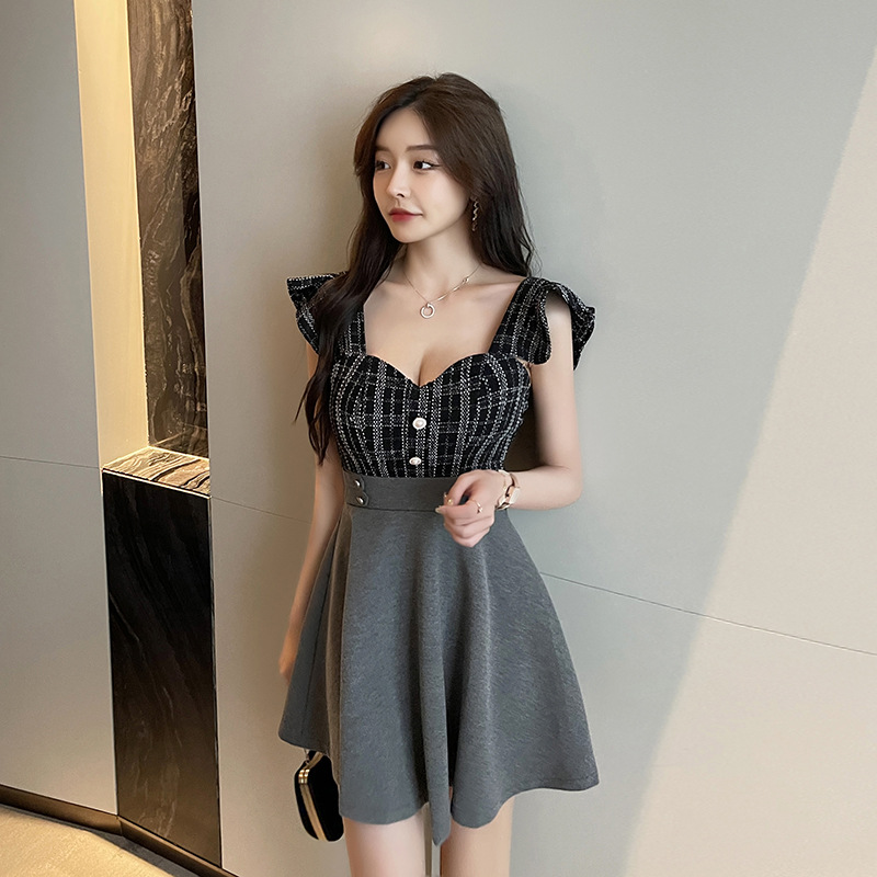 Nightclub deep V low-cut sexy dress fashion color matching slim cover belly a swing skirt night club foot bath technician overalls