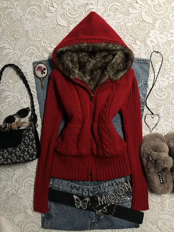 Baoye Girl Original Red Cable Knit Sweater Cardigan Jacket for Women Autumn and Winter Vintage Outfit Top Trendy