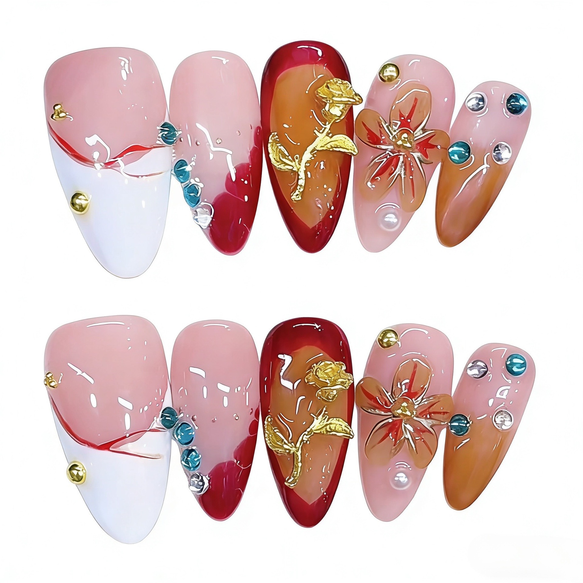 Nai Zi Pure Handmade Crafting Technique B449 Hand-Carved European and American Style Almond-Shaped Press-On Nails Nail Art Stickers