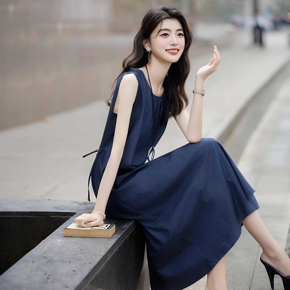 Japanese-Style Light Luxury High-End Thin Denim Doll Dress, New Summer Model, Lightweight and Structured, Round Neck, Sleeveless, Tie-Up Dress