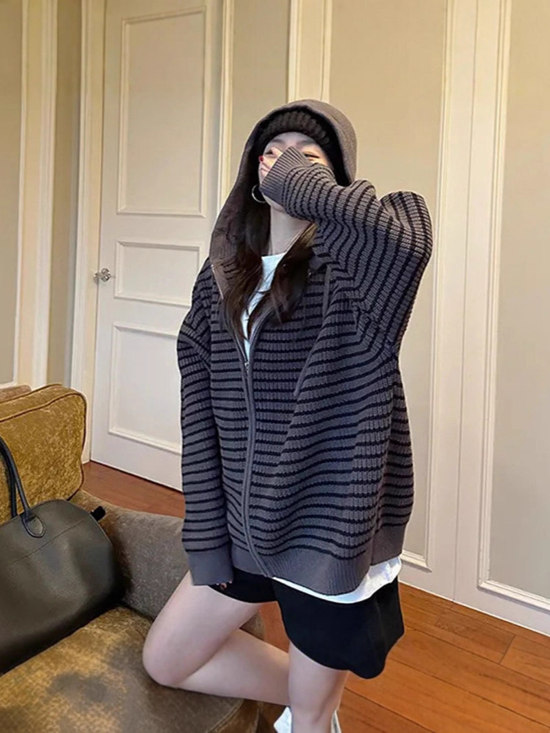 Korean Style Casual Gentle Style Contrasting Striped Hooded Knitted Cardigan for Women Autumn and Winter New Loose Top Sweater Jacket