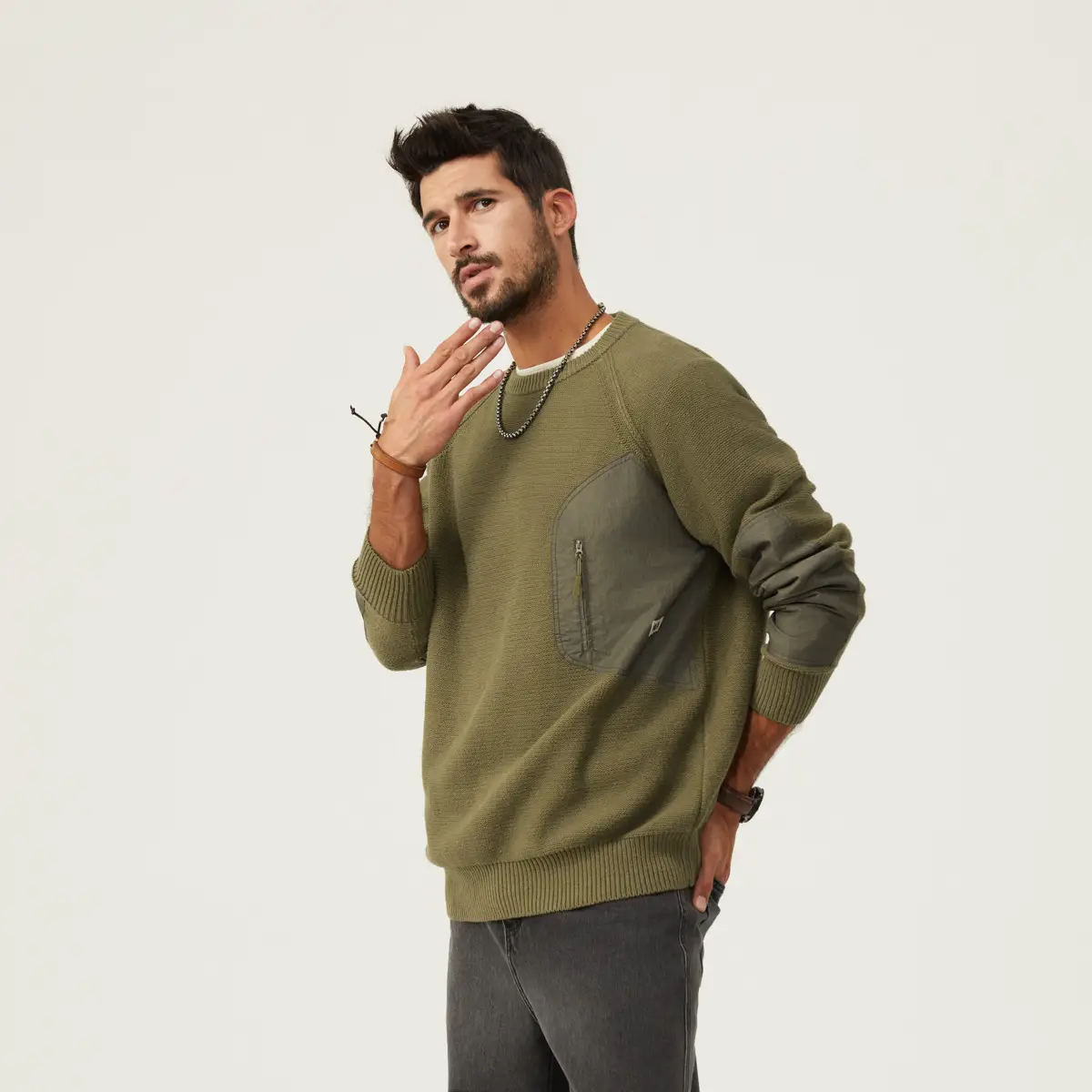 Dan Bono | Sweater Autumn and Winter Men's Large Size American Vintage Color Matching Pocket Can Be Worn Outside Bottoming Men's Knitwear Swea