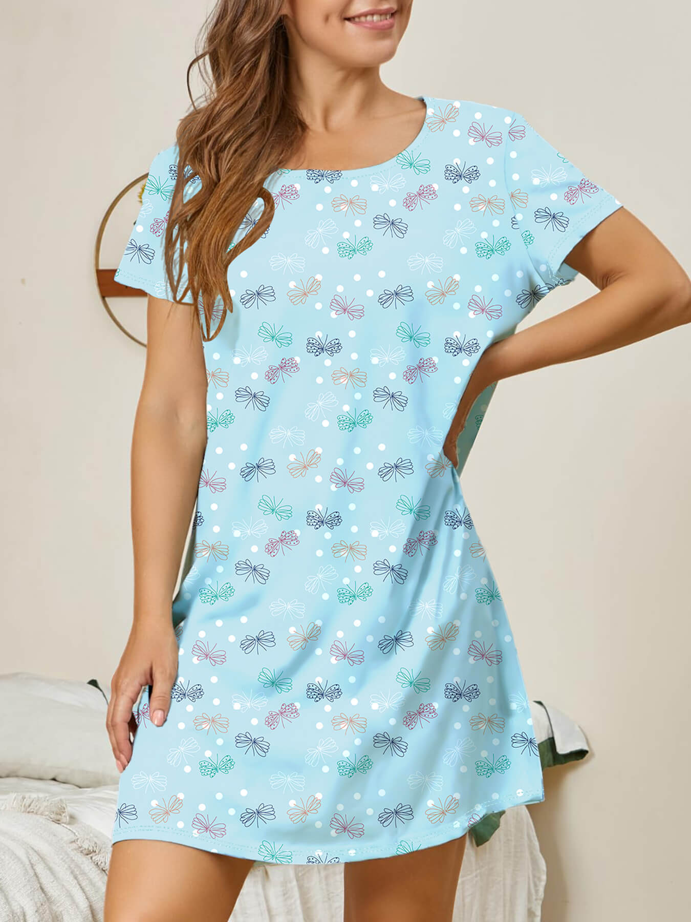 2024 Spring and Summer New European and American Amazon Temu Popular Home Nightgown Round Neck Dress Casual Printed Women's Clothing