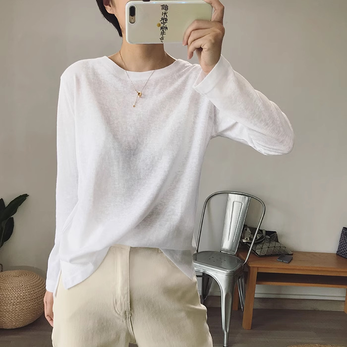 Linen White Long-Sleeved T-Shirt for Women 2023 Autum New Women's Tops Fashionable Pure Color Round Neck Inner Layering Shirt