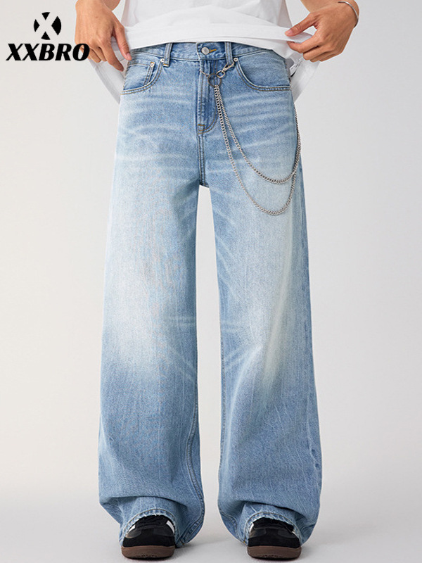 Muxi Clothing # Light Blue Washed Vintage Straight-Leg Versatile Trousers Trendy Brand Distressed Whiskered American-Style Men's Jeans