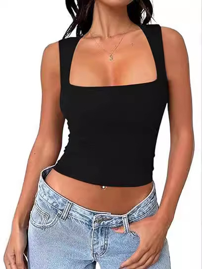 Cross-border European and American Women's Pullover Sling Sleeveless Hot Girl Going Out Square Collar T-shirt Vest Women's Inner Milk Silk Top