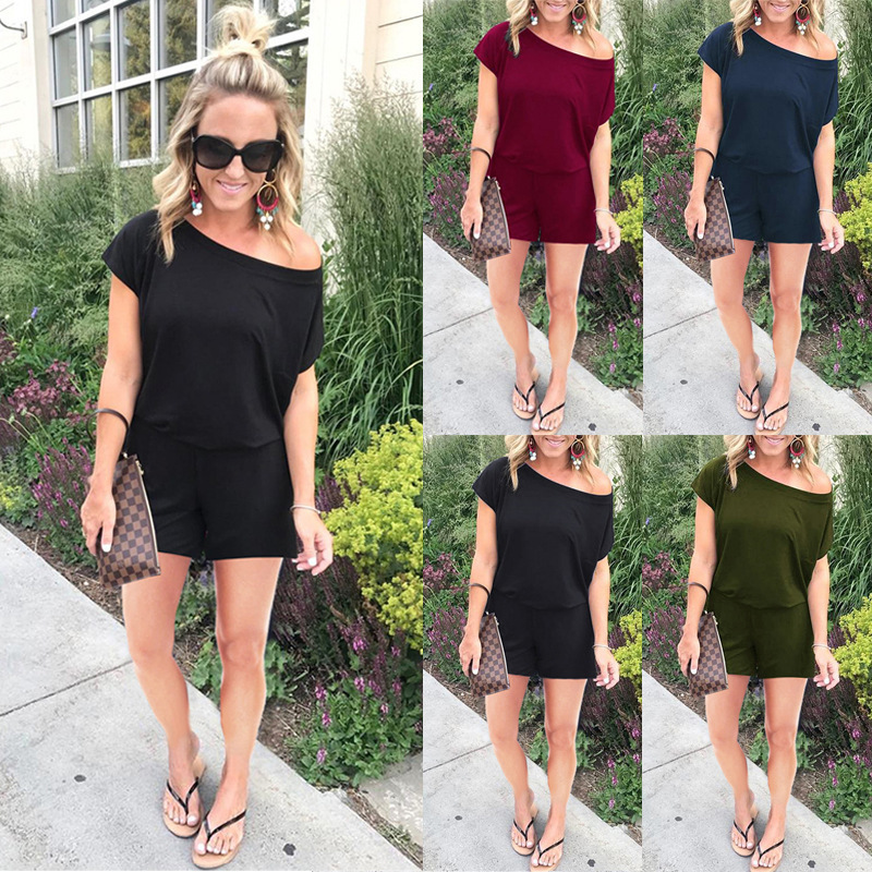 Cross-border hot sale New 6 colors 2024 spring and summer fashion oblique shoulder short sleeve pocket women's jumpsuit