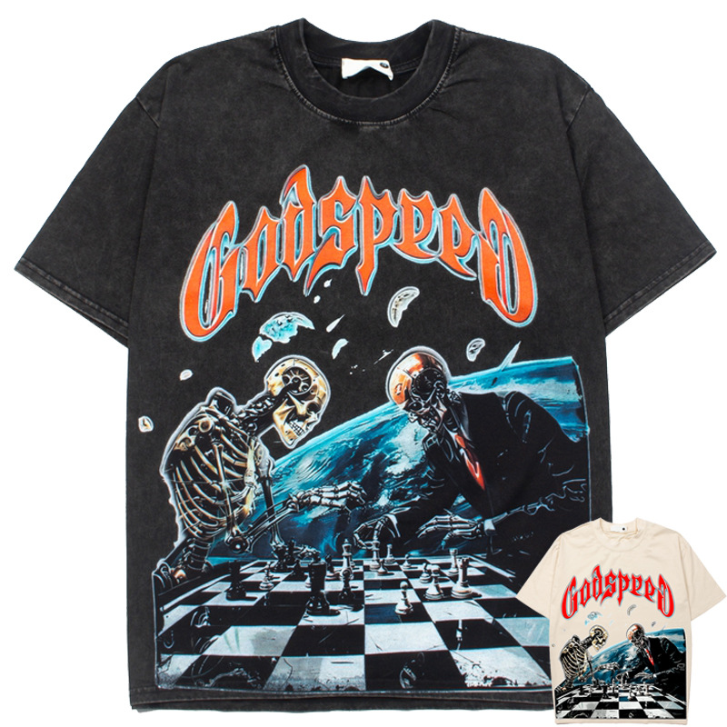25 Cross-Border American High Street Rock Street Skull Chess Print Rap Short-Sleeved T-Shirt Men's and Women's Half-Sleeves