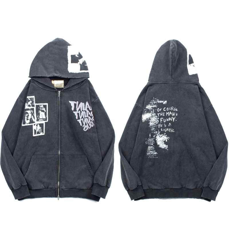 American Street Patch Character Letter Print Small Destroyed Retro Washed Old Zipper Hooded Sweatshirt Hoodie Trendy