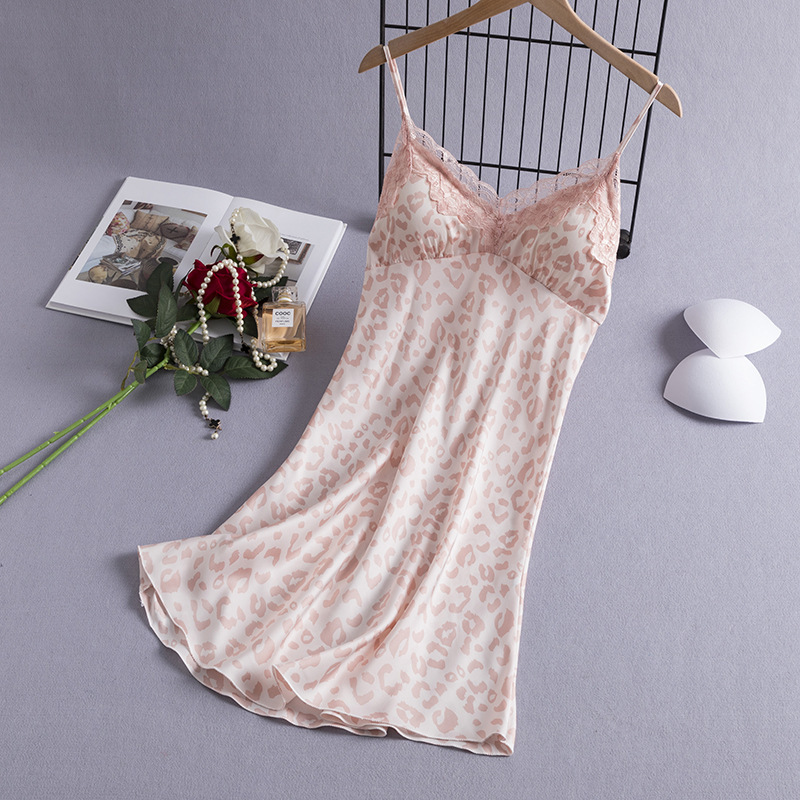 2022 new leopard print strap nightdress summer breathable cool sexy women's artificial silk home wear pajamas