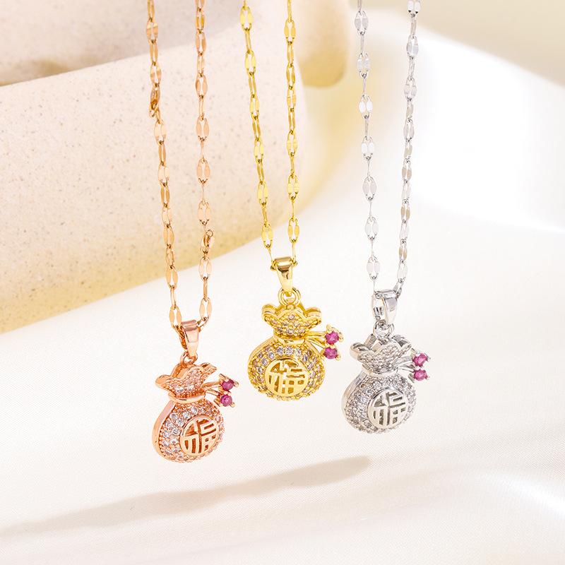 Chinese-style Fuzi Lotus Bag Pendant Personalized Fashion Micro-inlaid Full Diamond Hollow Lucky Small Money Bag Clavicle Chain Jewelry