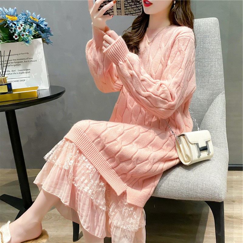 Mid-Length Lace Splicing Knitwear Skirt for Women 2025 Autumn New Korean Style Pure Color Twist Pullover Knitwear for Outer Wear
