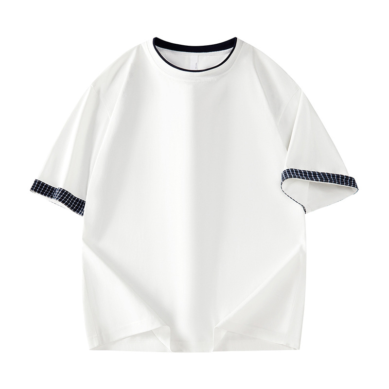 Summer Two-Piece Round Neck Short-Sleeved T-Shirt for Men, New American Retro Versatile Loose Plaid Flip-Collar Top for Men
