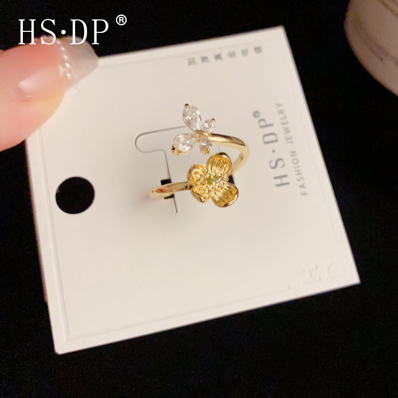 Metal flower diamond butterfly opening ring simple trend food finger ring light luxury fashion high sense jewelry wholesale